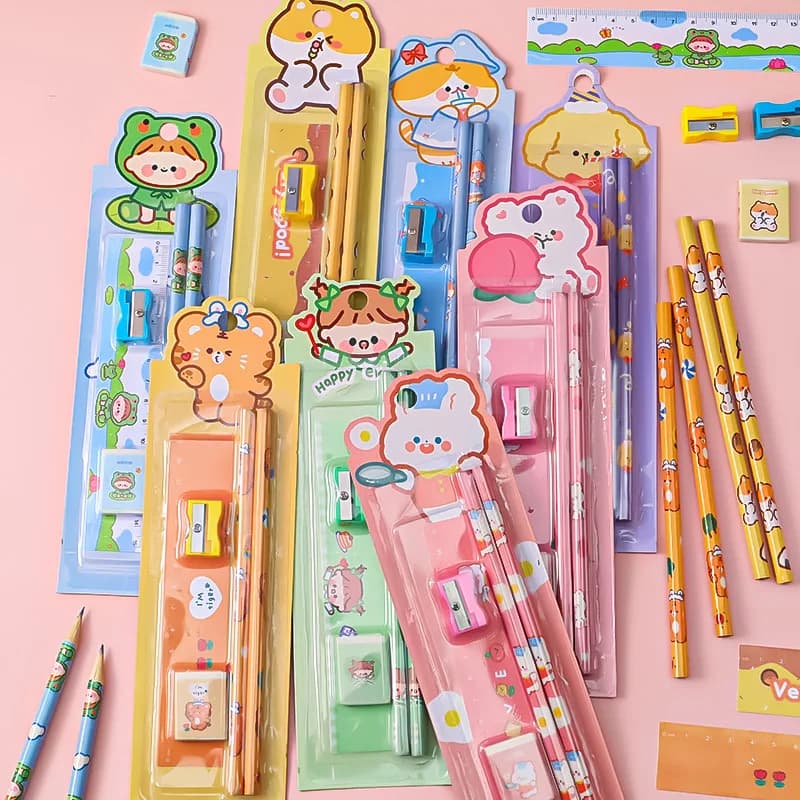 Cartoon 5-Piece Pencil Set with Eraser & Sharpener, Kids Stationery for Birthday Party Favors, Classroom Prizes & Learning Gifts