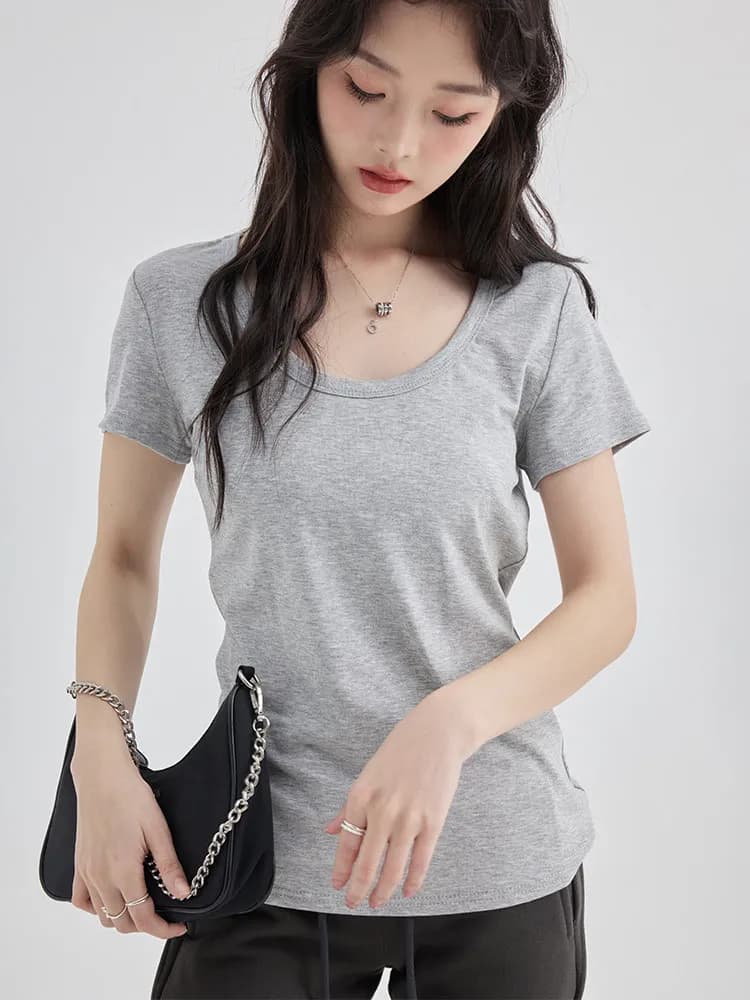 Korean Style U-Neck Short Sleeve T-Shirt Women's Spring Summer New Lazy Pure Color Top Elastic Shoulder Borehole Fashion