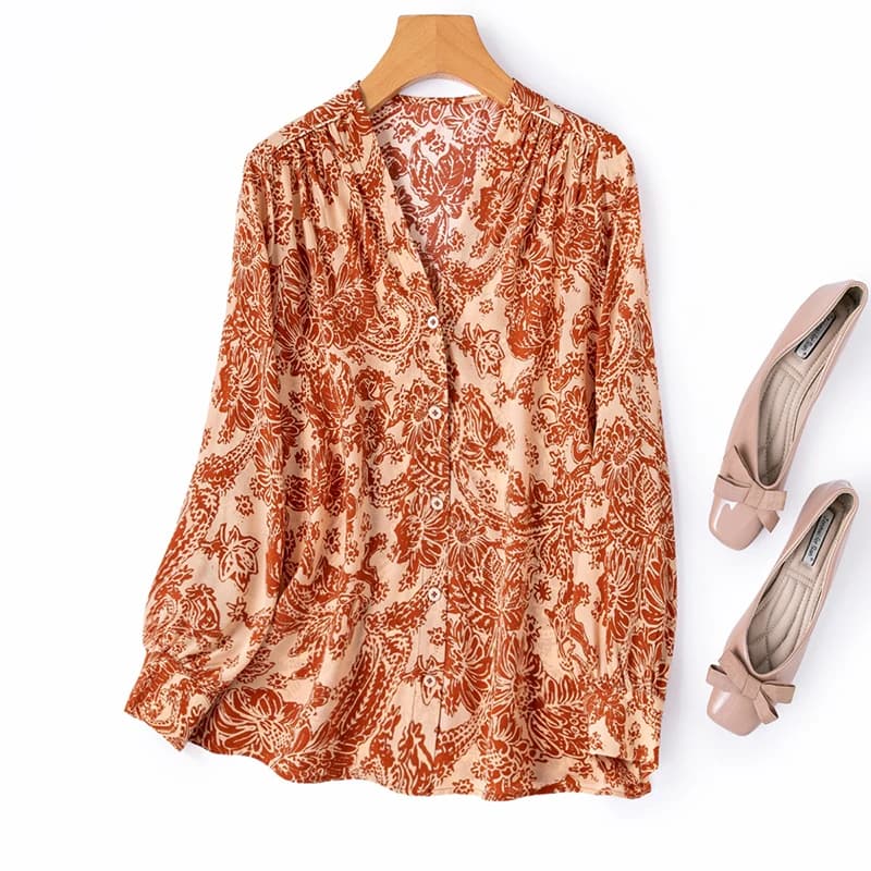 Camicia da Donna in Seta Crepe di Gelso 100% con Maniche Lunghe, Stampa Paisley Floreale, Scollo a V, Bottoni, Top Casual Blusa M L XL M1511