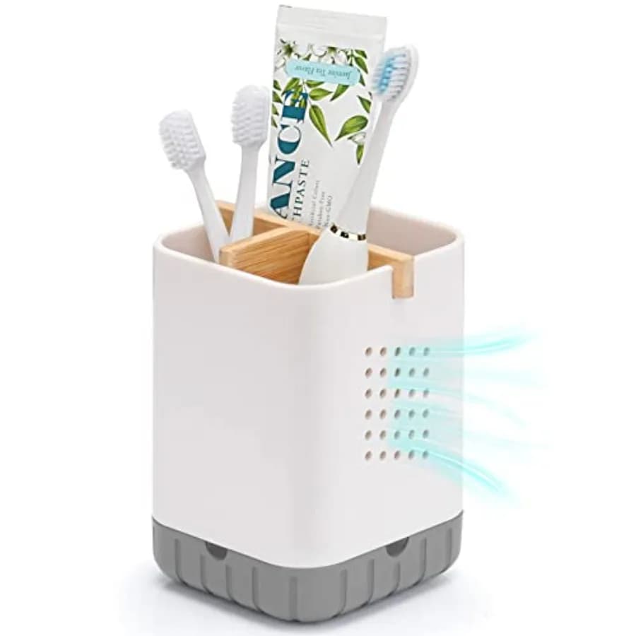 Toothbrush and Toothpaste Holder with Bamboo Divider for Bathroom Countertop Organizer, Plastic Detachable Anti-Slip Large Elec