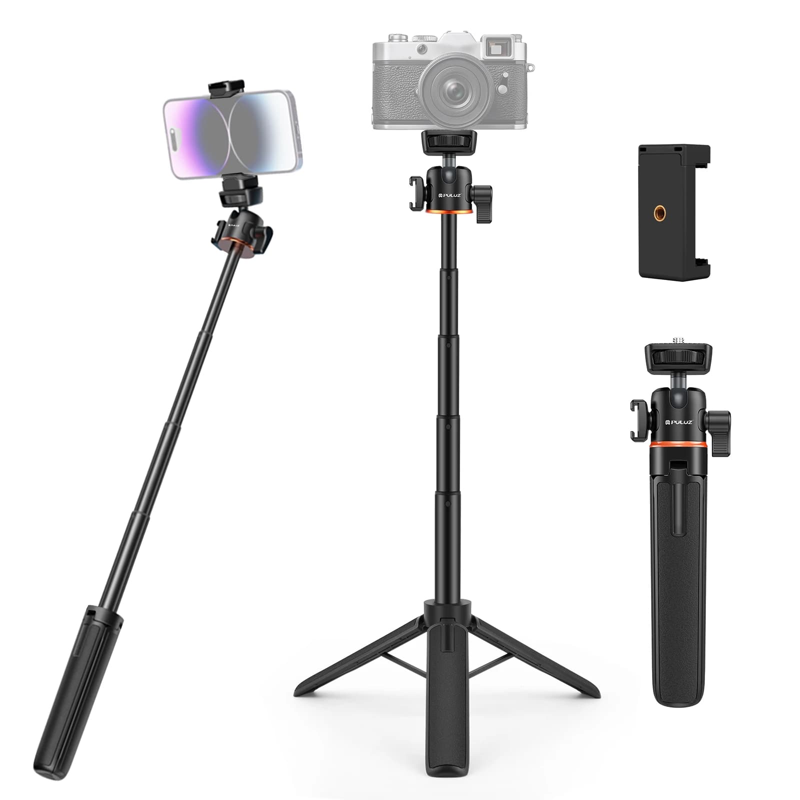 PULUZ Mini Estensione della fotocamera del telefono Treppiede con testa a sfera da 360 gradi Scarpa fredda Selfie Stick per GoPro/DJI/Insta360 Action cameras
