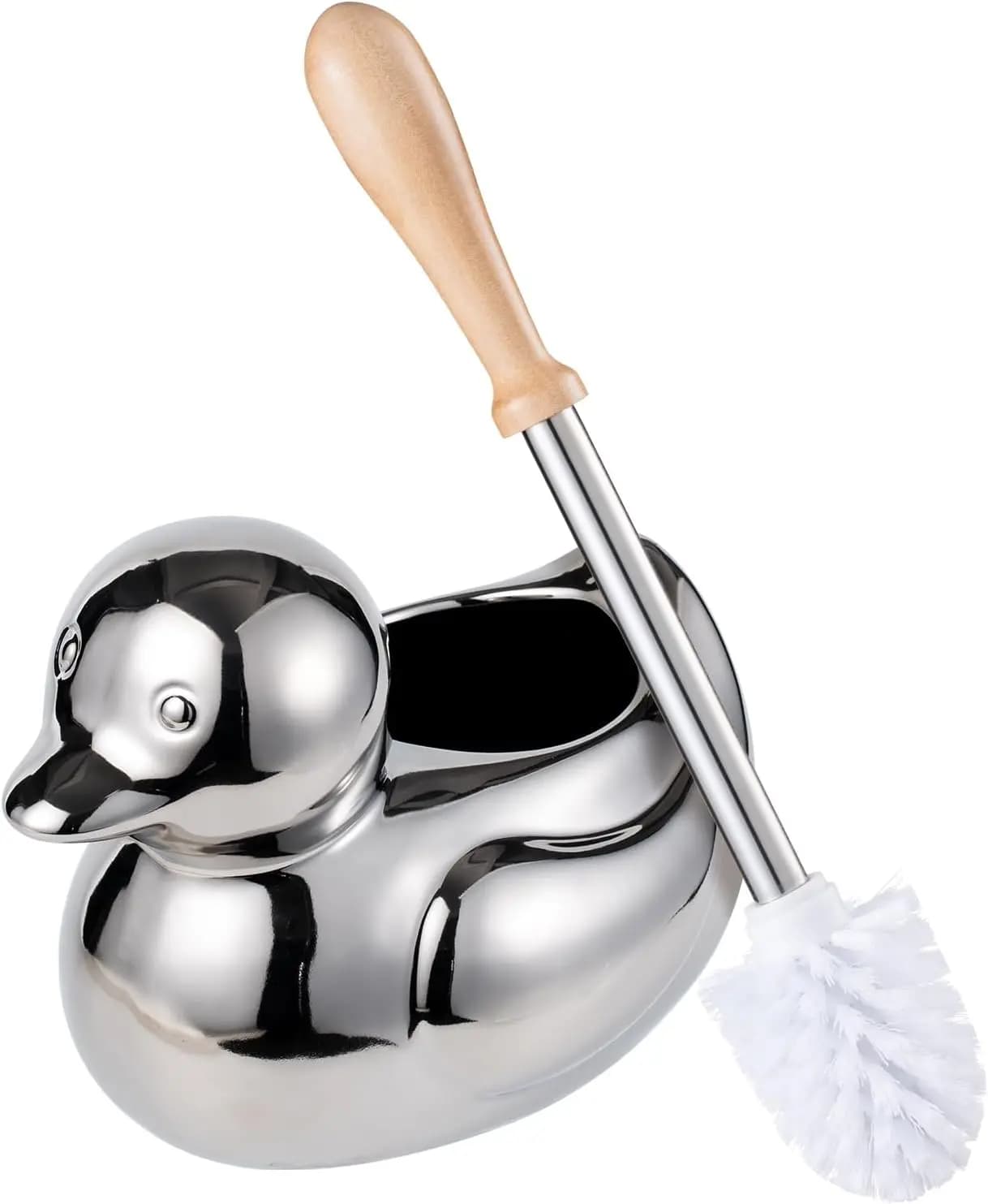 Set Portascopino per WC - Spazzola per WC in Ceramica Argento con Base a Forma di Anatra, per Pulizia del Bagno