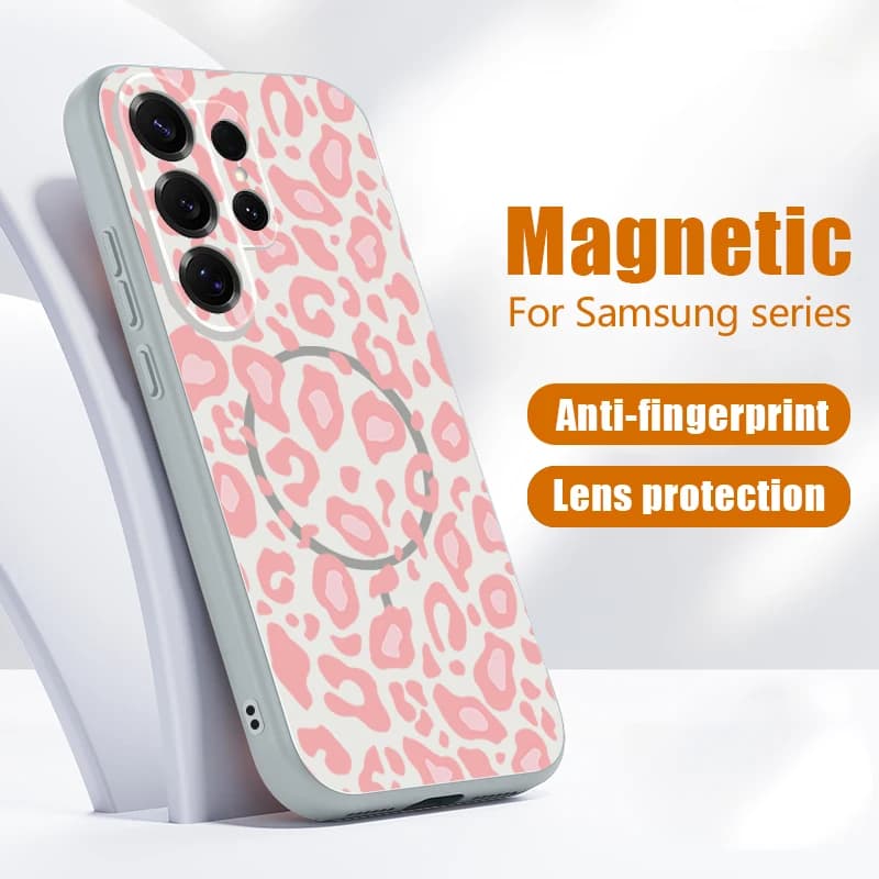 Custodia Magnetica Rosa con Stampa Leopardata per Samsung Galaxy S26 Ultra S25 Edge S24 Plus S23 FE S22 A54 A55 A56 5G Compatibile con MagSafe