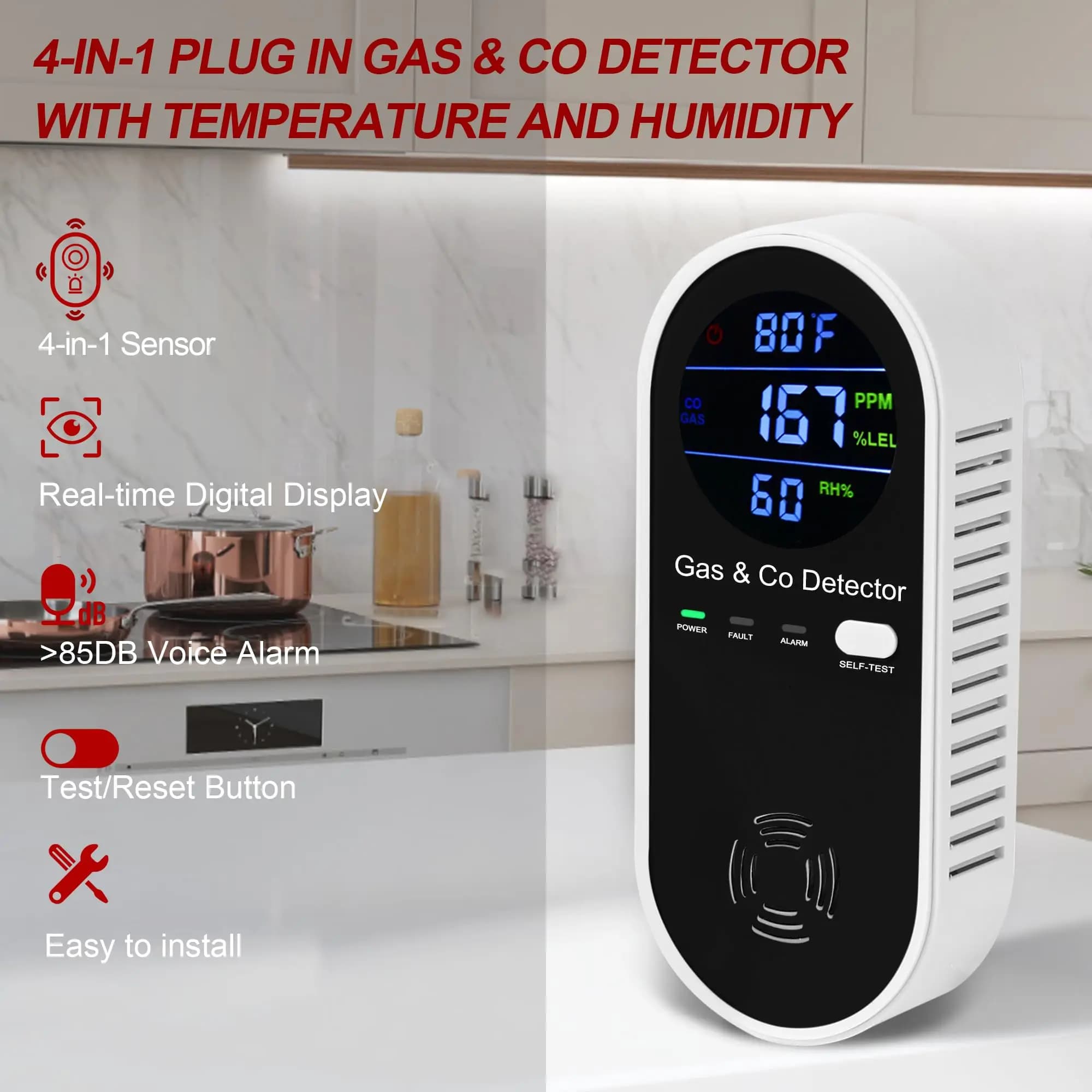 Combination Natural-Gas and Carbon-Monoxide-Detector Plug-in, 4 Sensors with Carbon Monoxide Alarm,°F & Humidity,Explosive Gas Detector Alarm for Home,RV,Apartment