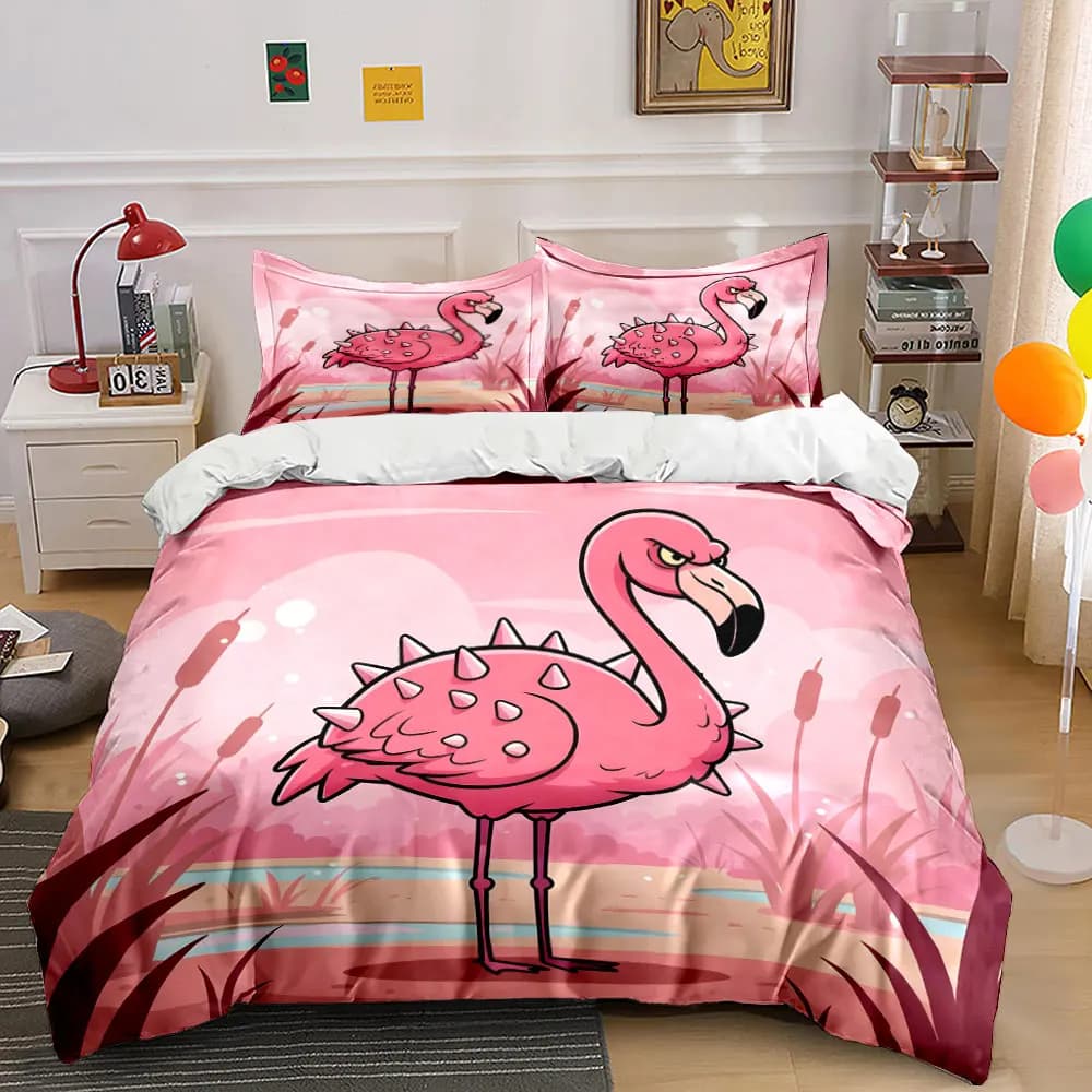 Set copripiumino stampato con fenicotteri rosa a punte, 1 copripiumino + 2 federe, decorazione per camera da letto, lavabile in lavatrice