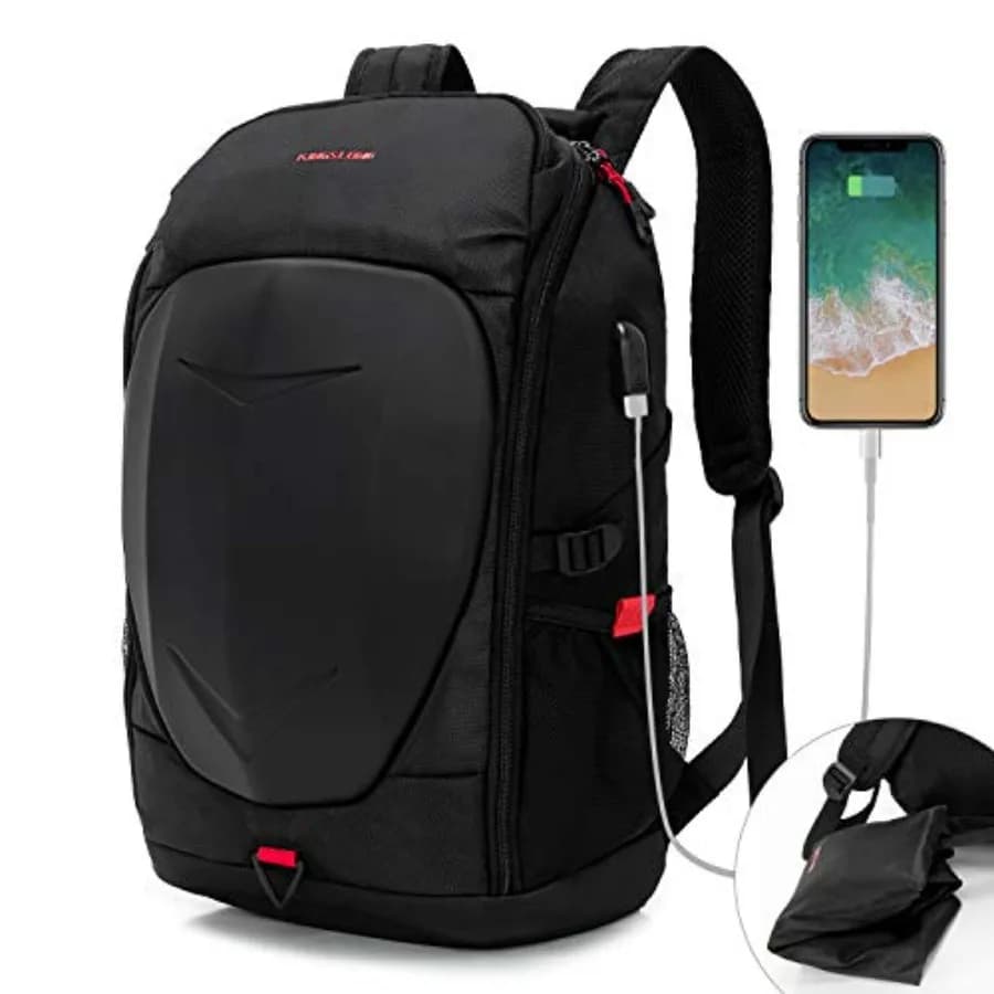 17 Inch Laptop Backpack with Hardshell, Armored Backpack with USB Port and Lightweight Rain Cover for Motorcycle Outdoor Racing