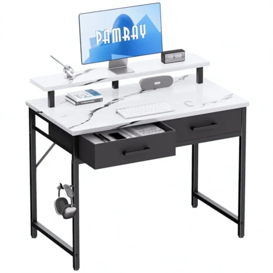 Scrivania per Computer da 32 Pollici con Supporto per Monitor per Ufficio Domestico, Finitura in Marmo, Design Compatto con 2 Cassetti, Ideale per Camera da Letto
