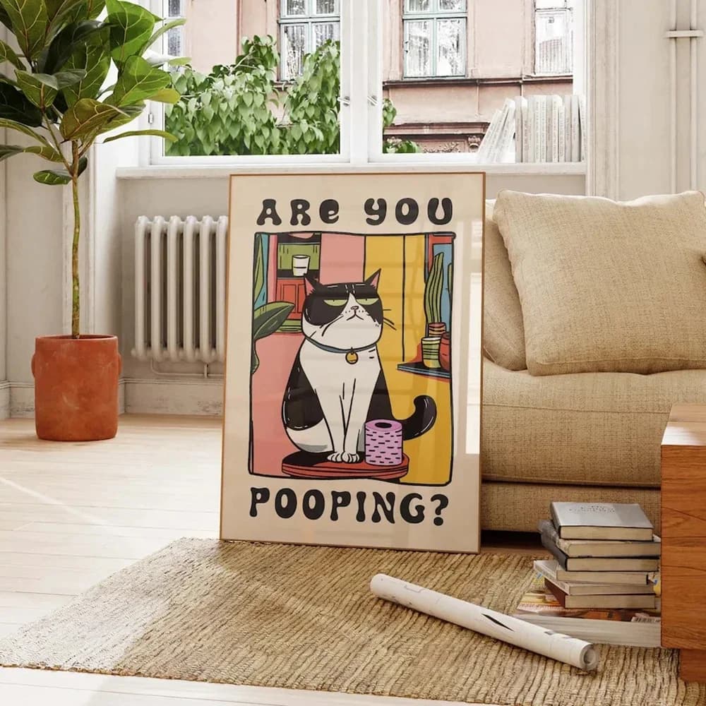 Funny Cat Canvas Wall Art Print Are You Pooping Bathroom Decor Poster for Toilet and Home Gift