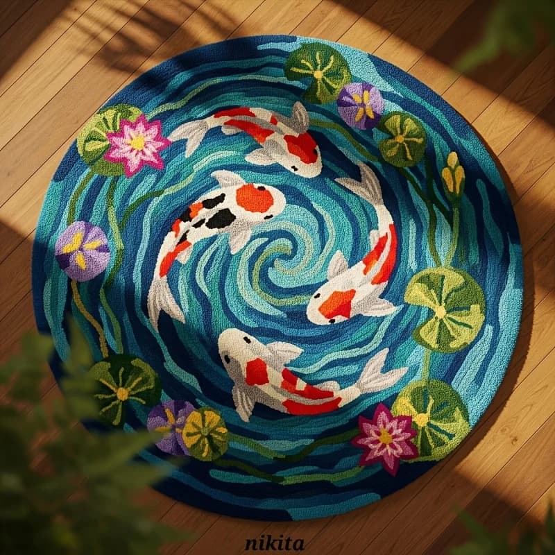 Koi Fish Pattern Round Area Rug, Soft Non Slip Floor Mat for Living Room and Bedroom, Durable Machine Washable Home Decor