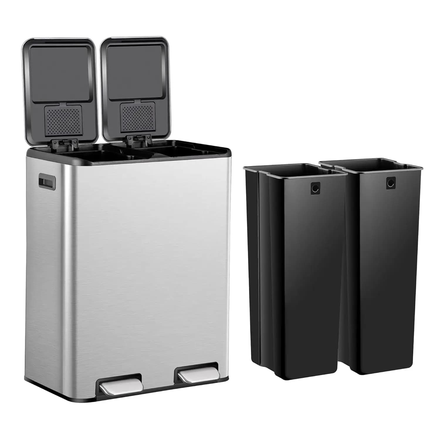 Cestino per Rifiuti da Cucina, 60L (16 Galloni), Bidone Doppio in Acciaio Inox per Rifiuti e Riciclo con Pedale, per Cucina, Soggiorno, Personalizzabile