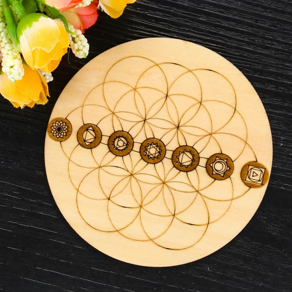 Mandala Pendolo Tavola di legno 7 Chakra Pietra energetica Display in cristallo Base Sottobicchiere Guarigione Reiki Piastra di meditazione Mestiere 10 cm