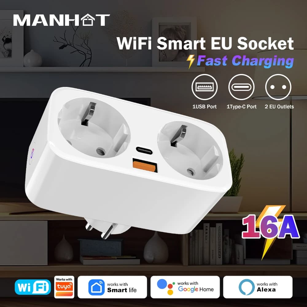 Presa Intelligente WiFi MANHOT 16A Tipo EU con Doppia Presa, Caricatore Rapido USB Tipo-C, Controllo Retroilluminato, Compatibile con Alexa e Google Smart Life