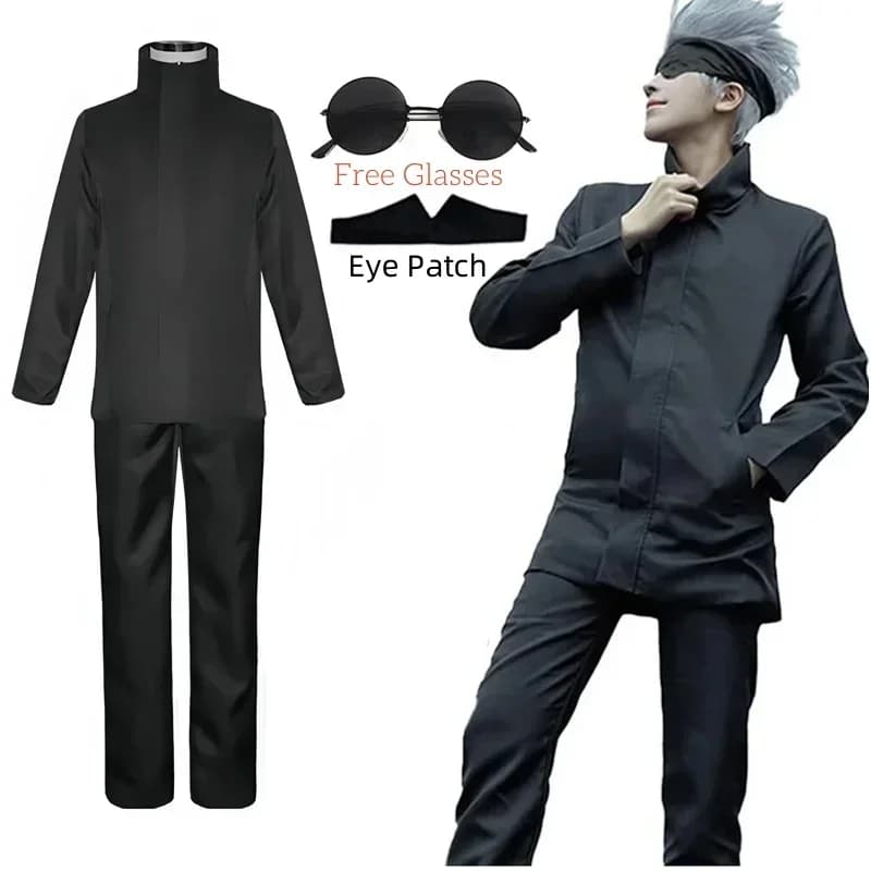 Costume Cosplay Anime Jujutsu Kaisen Gojo Satoru 2026 con Benda per Occhi, Parrucche e Occhiali - Set Completo per Halloween da Uomo