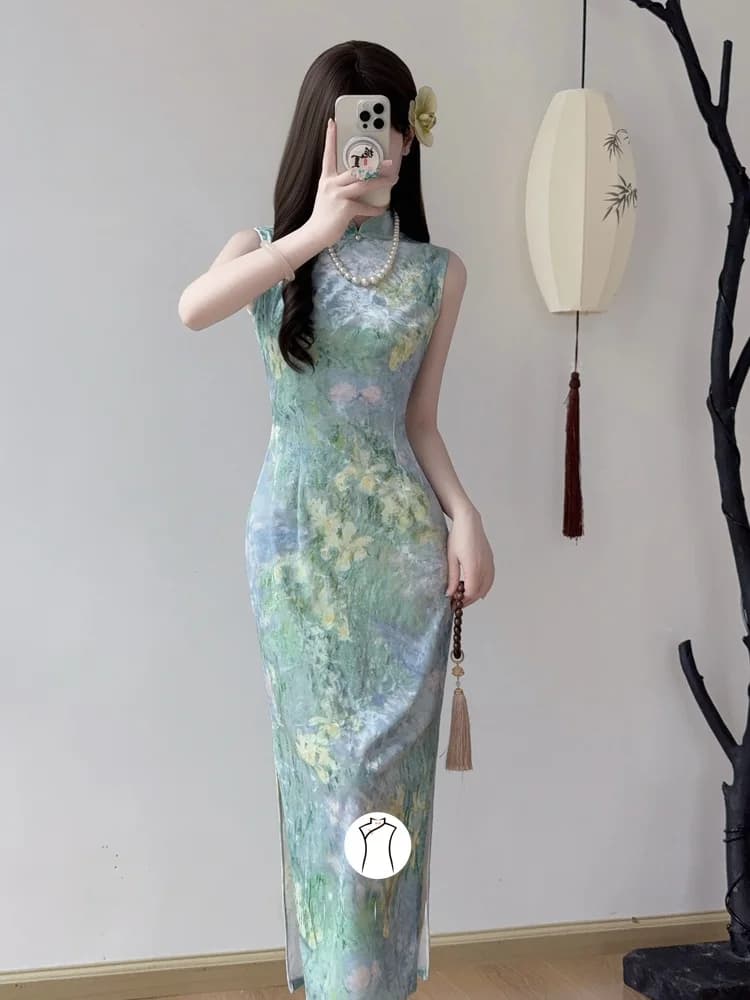 Abito Lungo Senza Maniche con Stampa Monet, Elegante Stile Cinese, Tendenza Nazionale, Bianco, Valorizza la Delicatezza Femminile