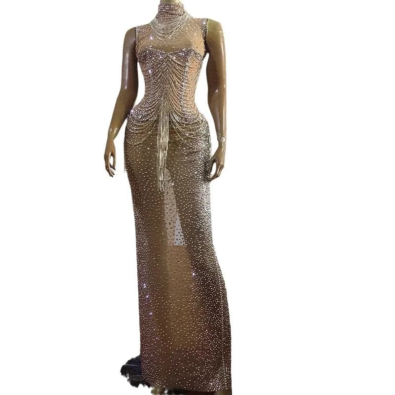 Abito da festa lungo senza maniche attillato elastico con strass in prospettiva popolare con catena di diamanti di lusso per abito da festa che ospita il ballo