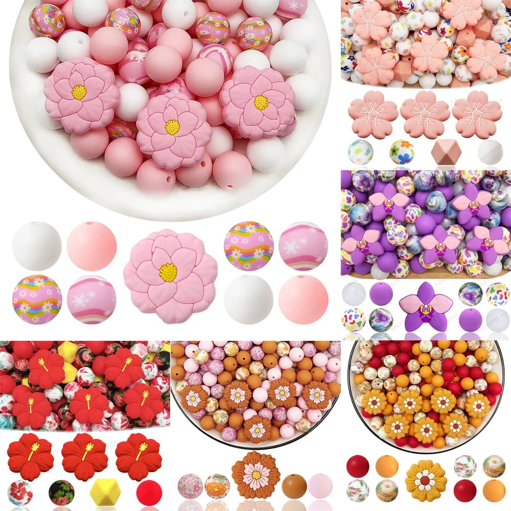 32Pcs Colorful Flower Silicone Beads Set DIY Beaded Necklace Bracelet Decoration Pen Jewelry Pendant Etc. Holiday Birthday Gift