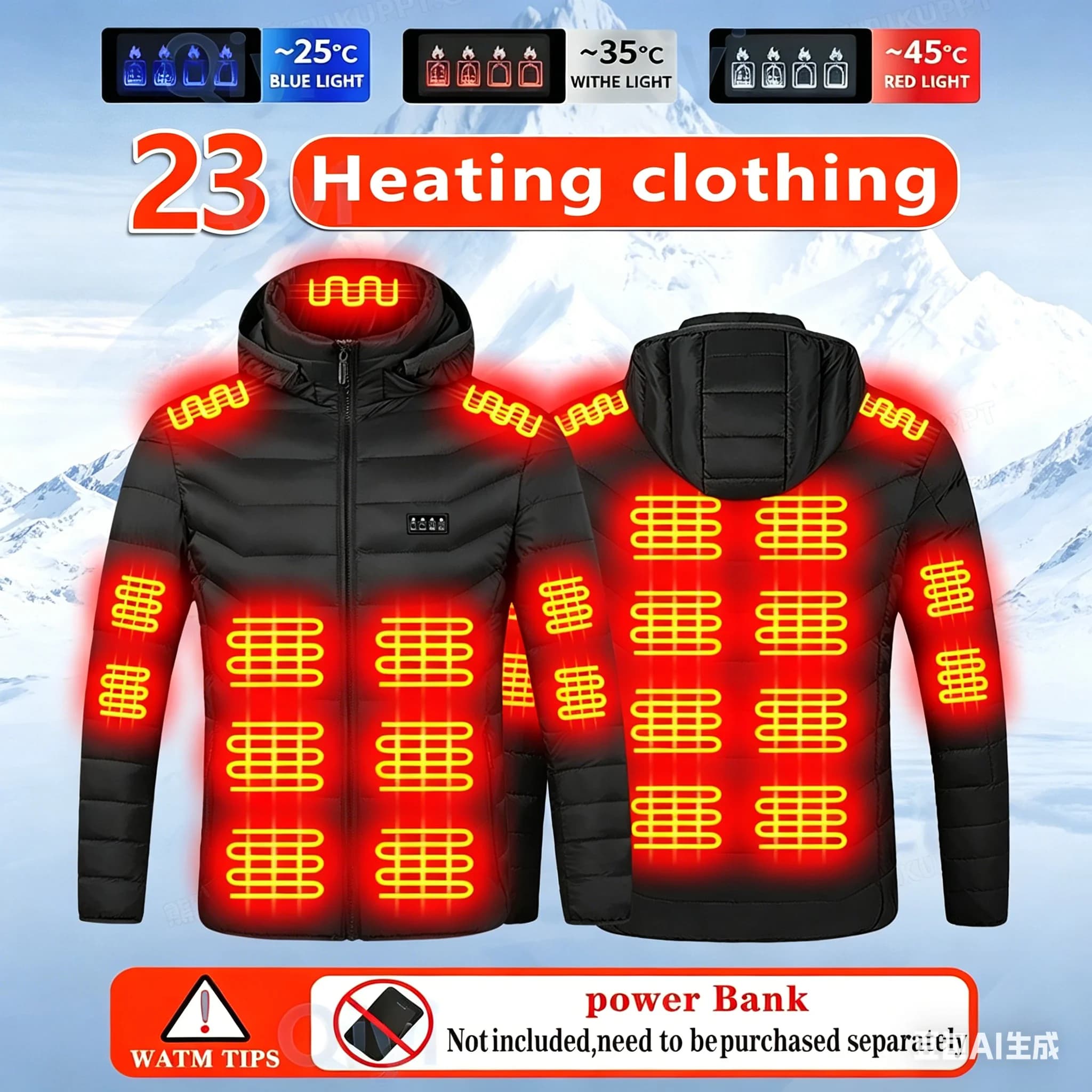 Giacca Riscaldante con 23 Zone, Tessuto in Poliestere, Alimentazione USB, Controllo a 4 Zone, 3 Livelli di Calore, Cappotto Invernale per Sport all'Aperto, Campeggio
