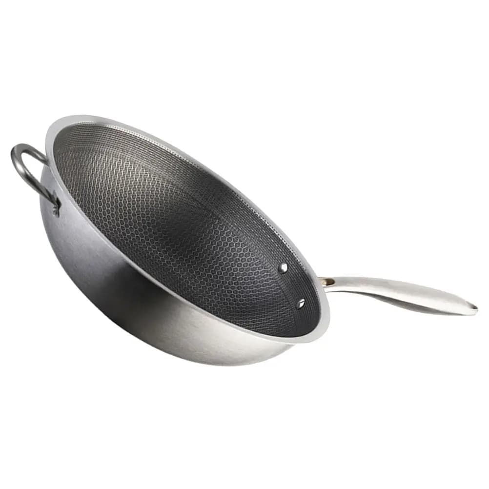 Wok in Acciaio Inox con Struttura a Nido d'Ape, Doppio Manico, Pentola per Saltare in Padella, Robusto, Senza Rivestimento, Rapida Conduzione del Calore, per Cucina