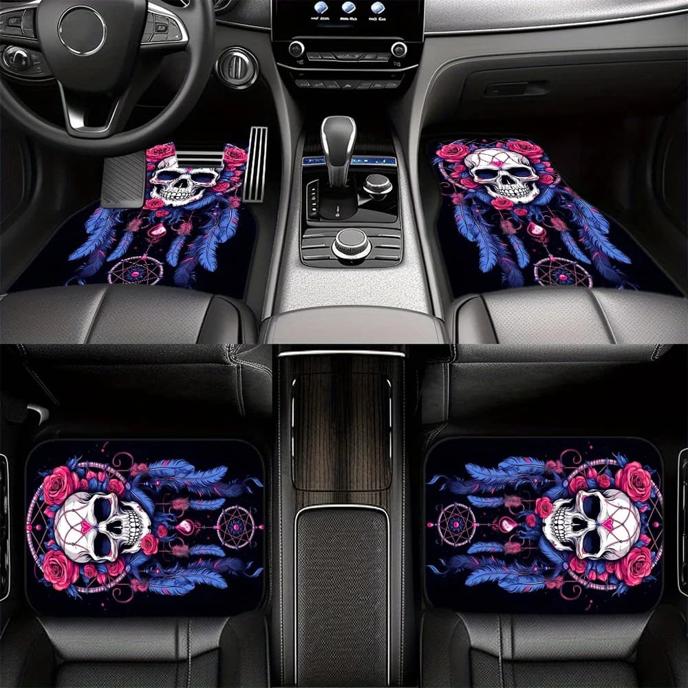 Universal Fit Skull Dream Catcher Car Floor Mats, Polyester Fiber, Non-Slip, Water-Absorbent, Washable, Anti-Fouling, Interior P