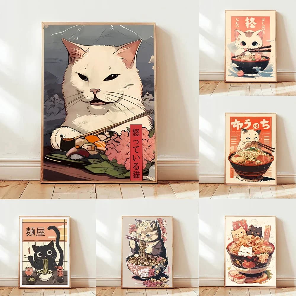 Kawaii Japanese Ramen Animal Cat Posters Canvas Prints Paintings Home Decor Noodles Food Wall Art Poster Kitchen Room Decorat