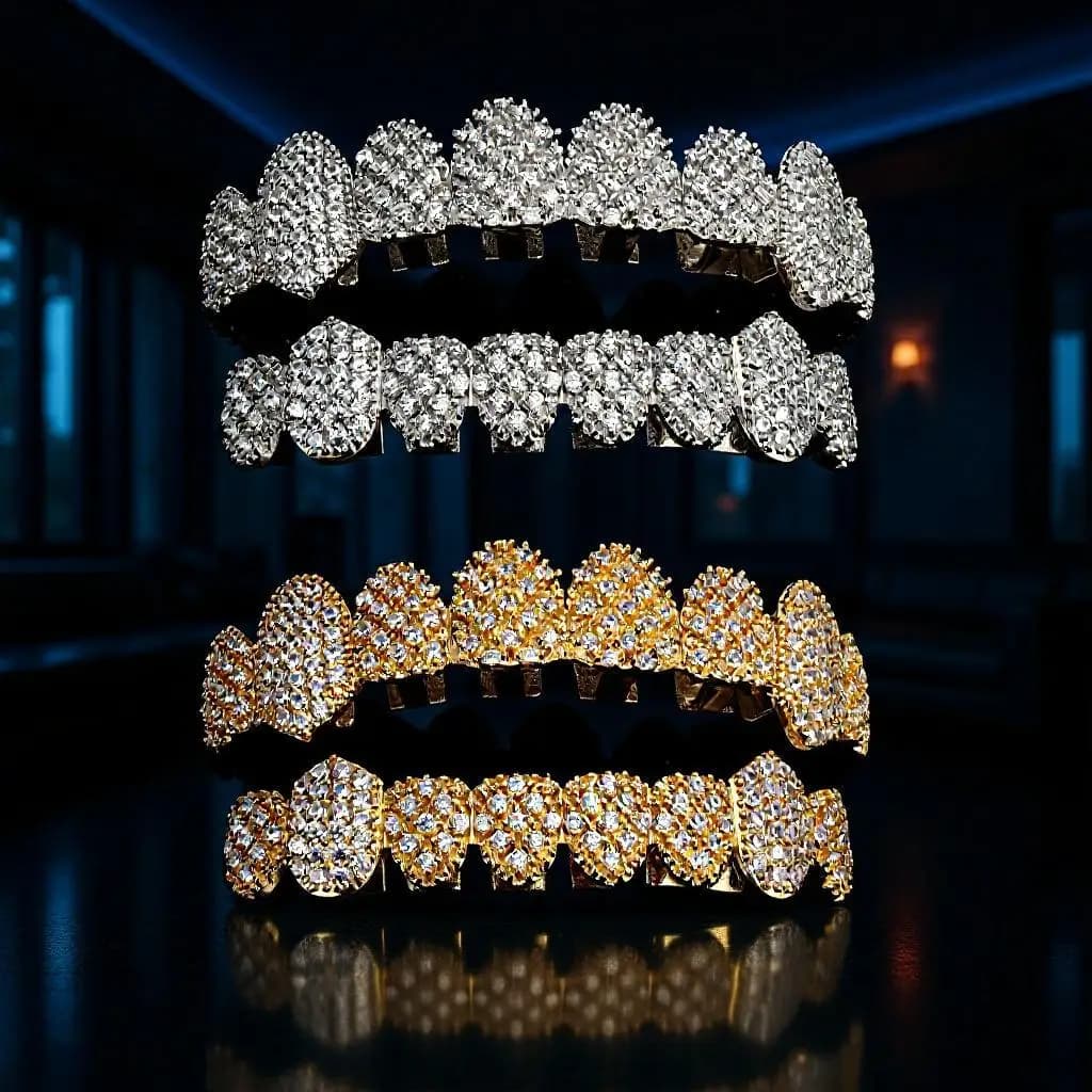 Classiche coperture dentali complete in zirconia cubica per uomo e donna, denti finti superiori e inferiori, gioielli Hip Hop con pietre CZ, grillz dentali.