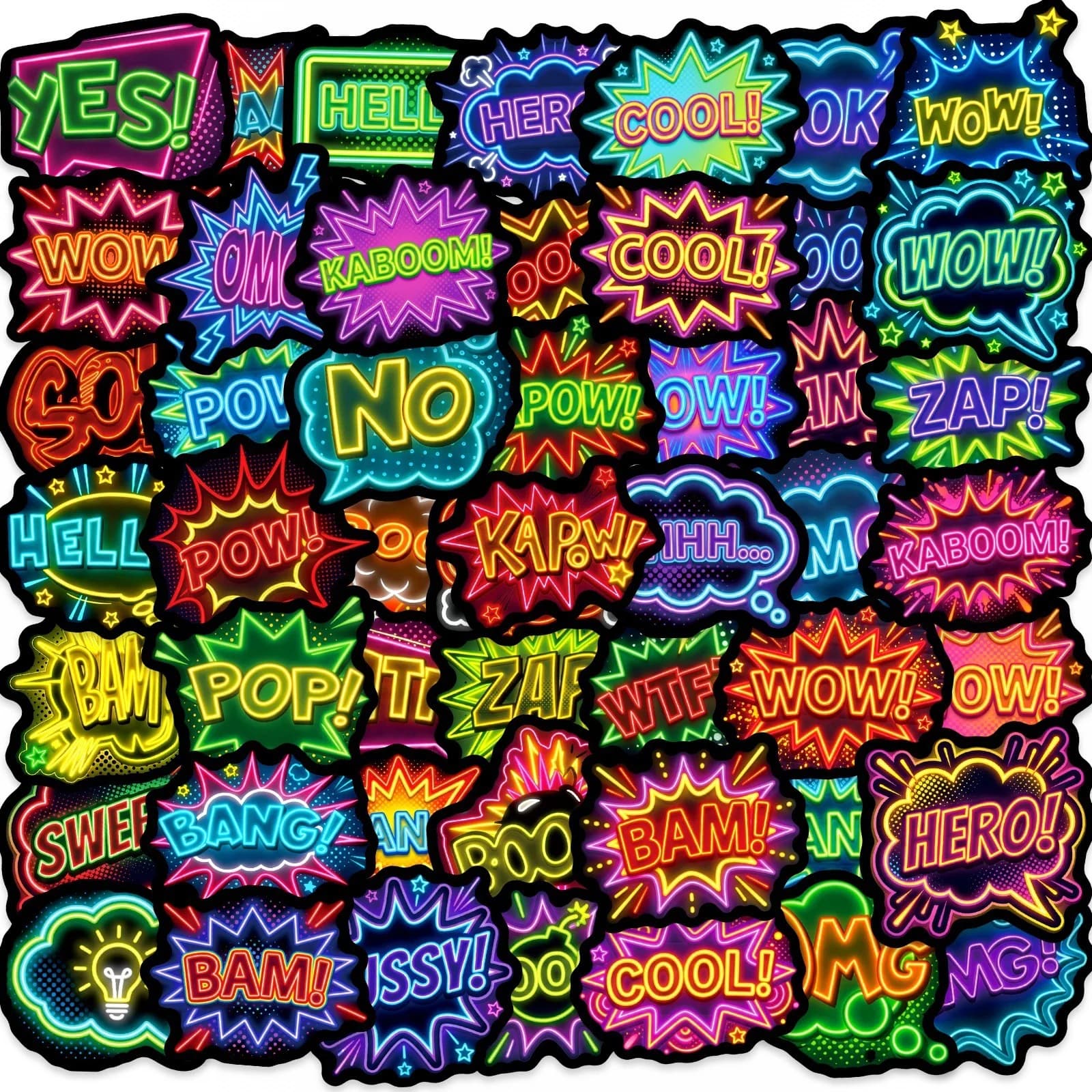 50 Pcs Cool Comic Bubble Scrapbook Stickers No Repeat for Diary Album Notebook Phone Helmet Skate Scrapbook Car Decorate Decals