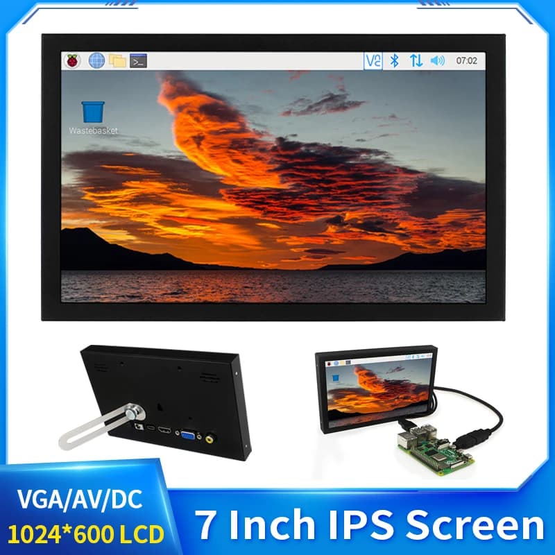7 Inch IPS Screen 1024*600 Portable LCD Monitor AV DC Pow VGA Display Multi-interface Raspberry Pi Banana Pi Mini PC