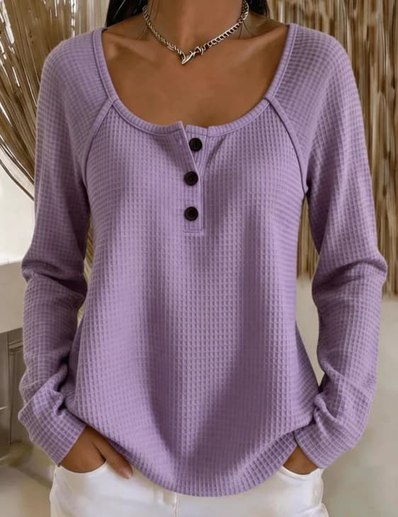 Plus Size Women Waffle Knit Long Sleeve Top Elastic Henley Neck Button Casual Blouse Ladies Daily Wear Shirts