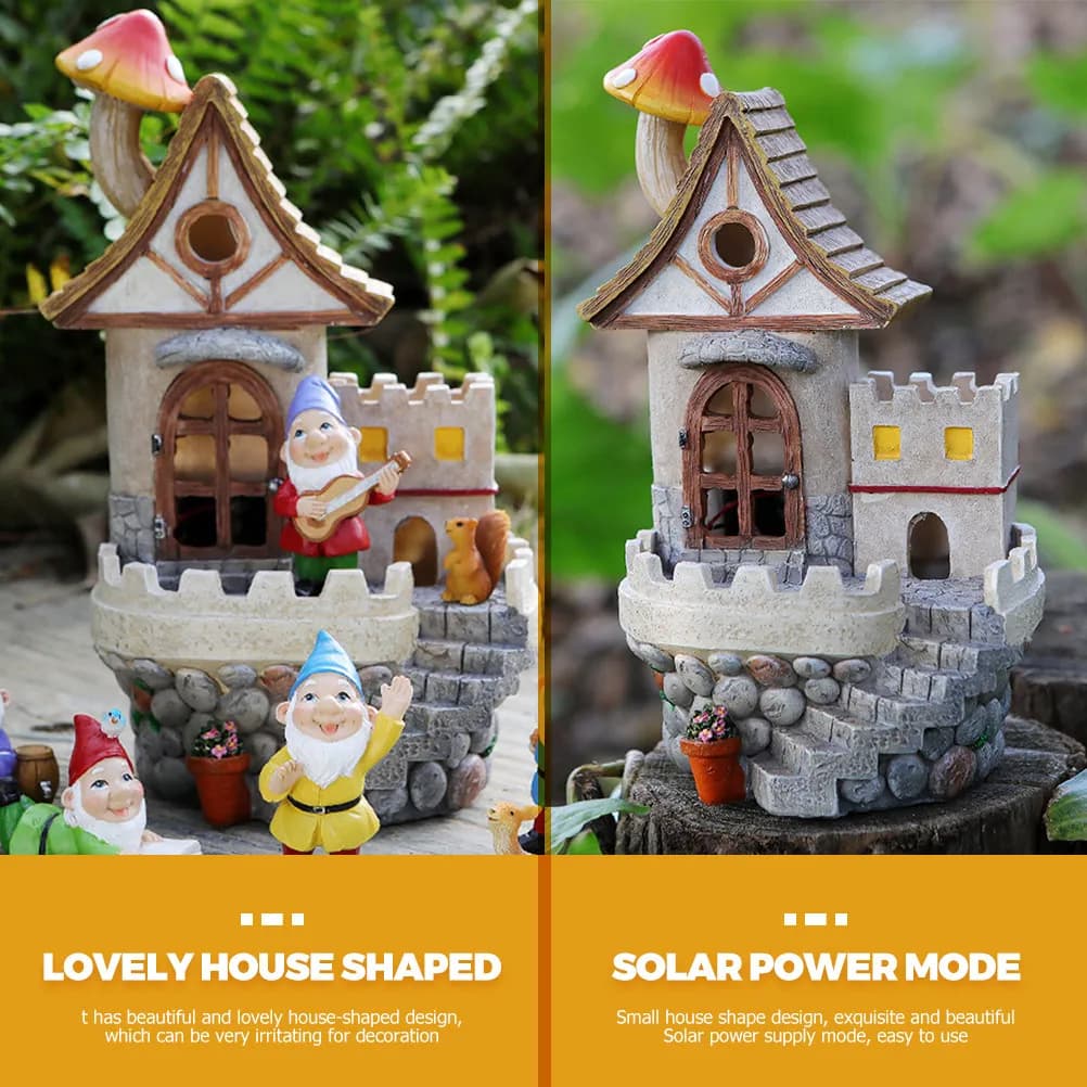 Luce Solare Decorativa da Giardino a Forma di Casa delle Fate in Resina, Illuminazione Notturna a Energia Solare per Patio, Cortile e Prato