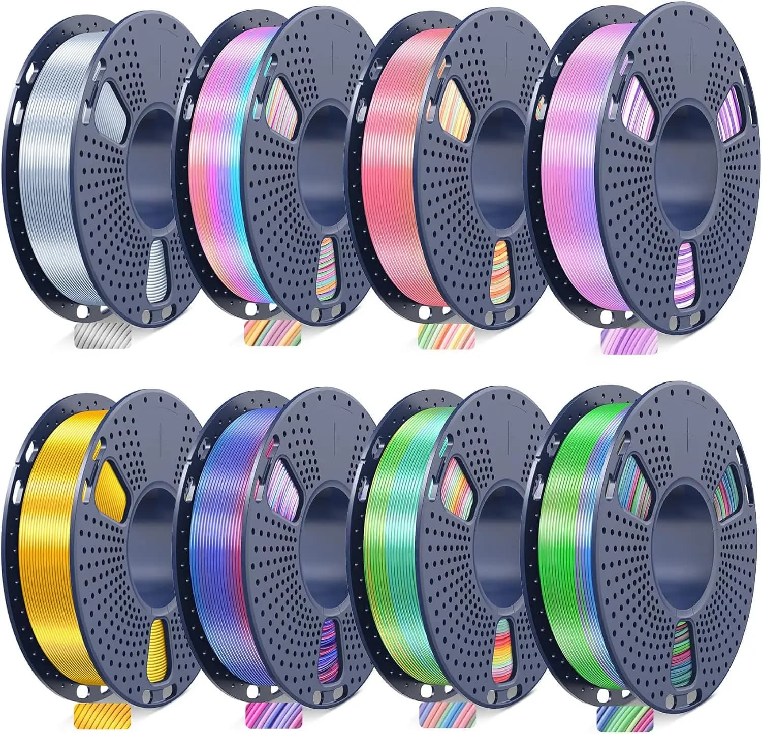 Confezione di Filamenti PLA Seta, 1.75mm Multicolore Arcobaleno a Cambio Colore Rapido, 8 Rotoli 2kg Totali per Stampa 3D