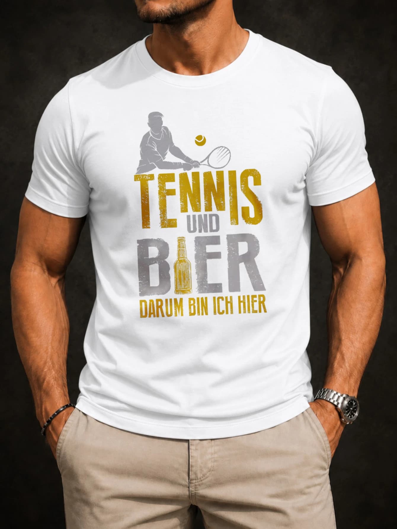 Tennis Und Bier Darum Bin Ich Hier racket ball and beer bottle sporty typography Tee and casual Unisex All T-Shirt