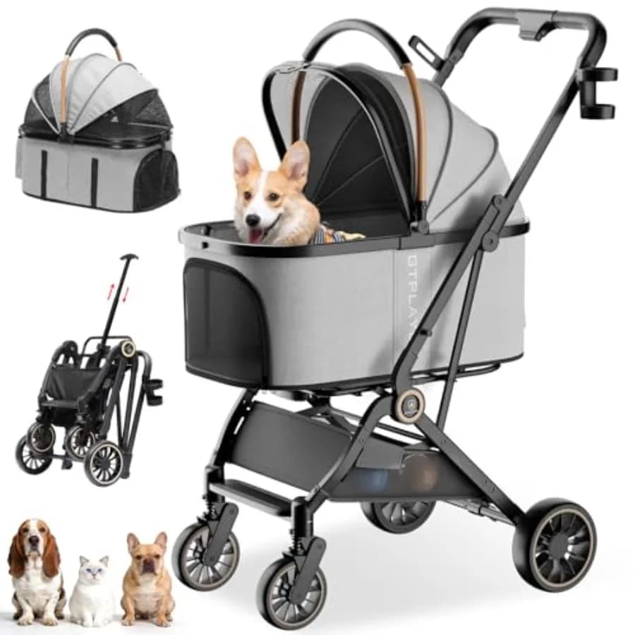 Passeggino per cani e gatti, tessuto in poliestere, grigio, design pieghevole 3-in-1 con trasportino rimovibile, ruote girevoli a 360° e