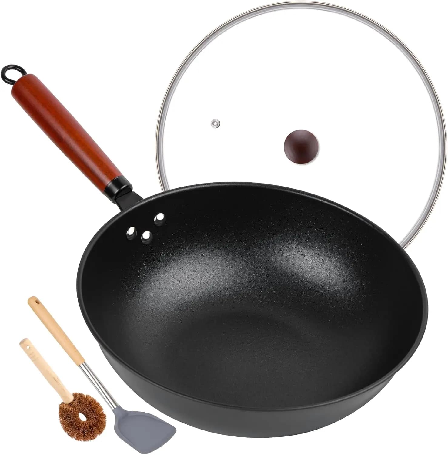 Wok antiaderente da 13 pollici con coperchio in vetro - Padella in acciaio al carbonio per stir-fry, fondo piatto per tutti i tipi di fornelli
