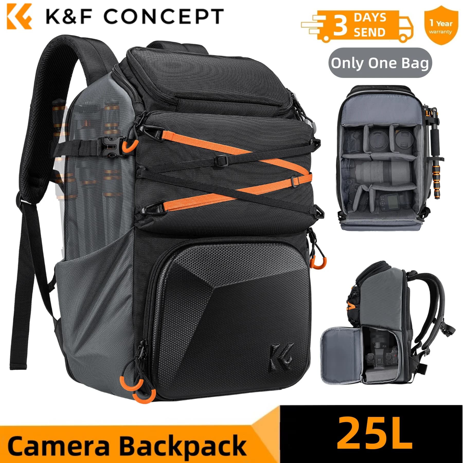 K&F CONCEPT 25L Camera Backpack for Canon Sony DJI DSLR/SLR, Camera Travel Bag with Tripod and Rain Cover