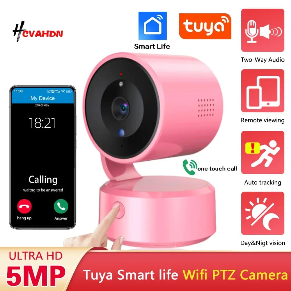 Telecamera di Sicurezza WiFi PTZ 5MP Tuya Smart Life per Monitoraggio Bambini, Tracciamento Automatico, Chiamata con Un Tocco, Telecamera di Sorveglianza Wireless