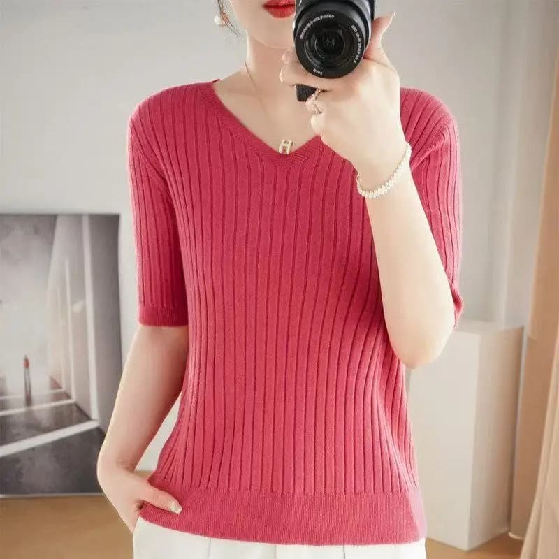 Nuova Maglia Estiva da Donna in Lana Lavorata a Maglia con Scollo a V e Maniche Corte, Top Base Primaverile Autunnale Comodo e Traspirante