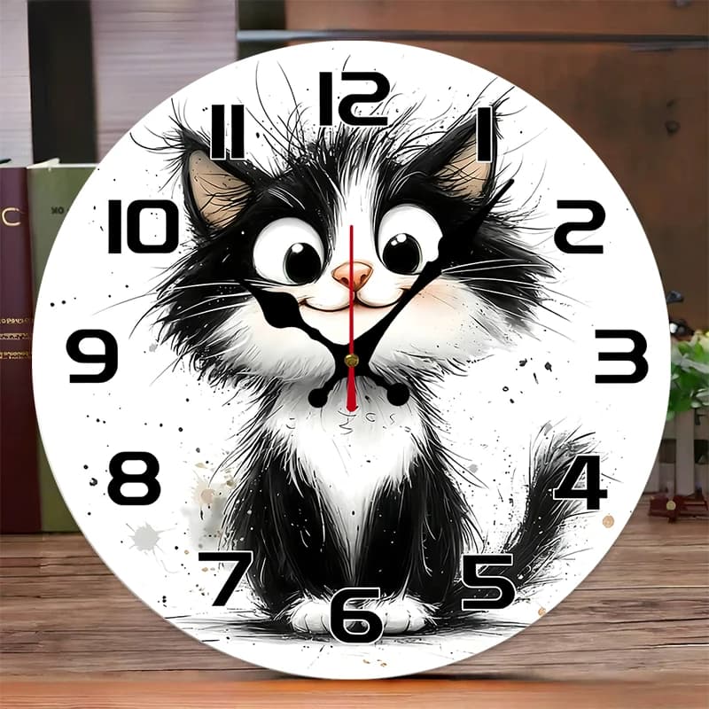 Adorabile orologio da parete silenzioso rotondo in legno con gattino, adatto per soggiorno, ufficio, studio, camera da letto, decorazione domestica