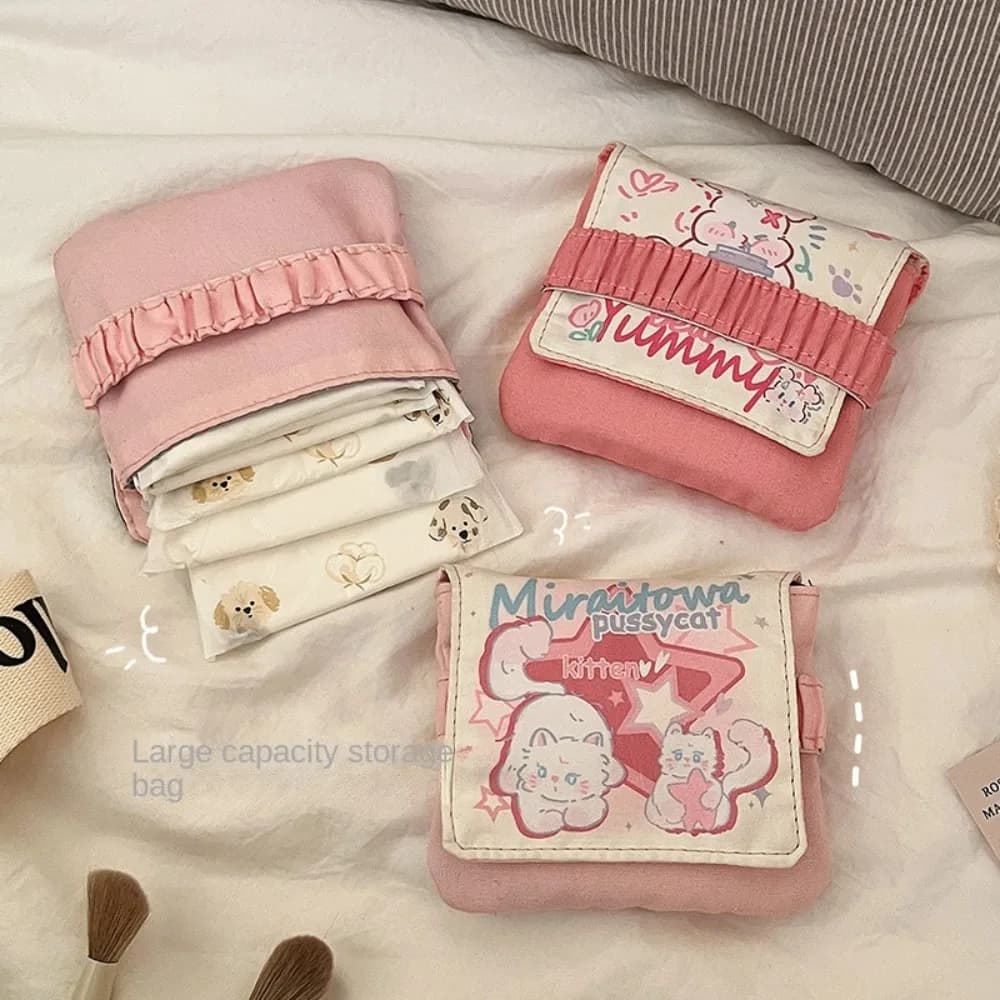 New Data Cables Organizer Sanitary Pads Bag Large Capacity Multipurpose Cosmetic Bag Cartoon Kitten Napkin Pouch Storage Bag