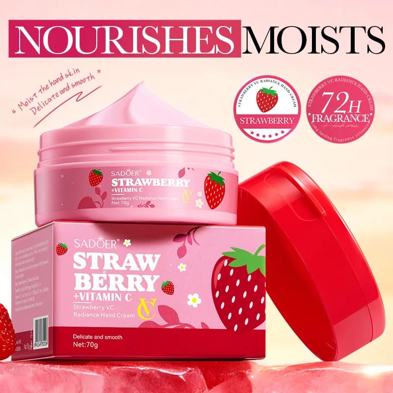 VC strawberry hands cream moisturizes, nourishes, illuminates the skin and protects the hands and feet from dryness and cracking.