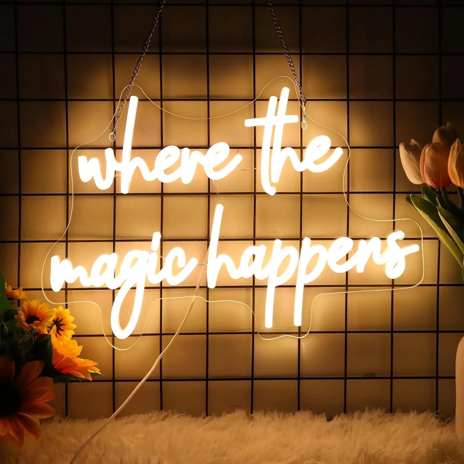 Insegna al Neon 'Where The Magic Happens' con Luci LED Dimmerabili USB per Camera da Letto, Matrimonio, Fidanzamento, Anniversario, Addio al Nubilato