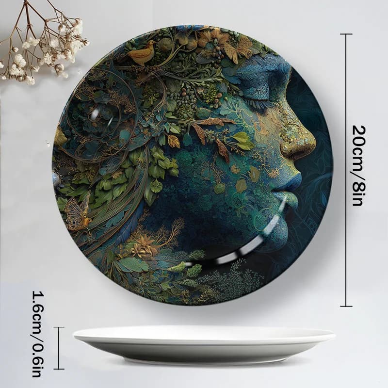 Piatto Decorativo in Ceramica Dipinto a Mano con Design Ispirato alla Natura, Raffigurante una Donna con Uccelli e Piante Ideale