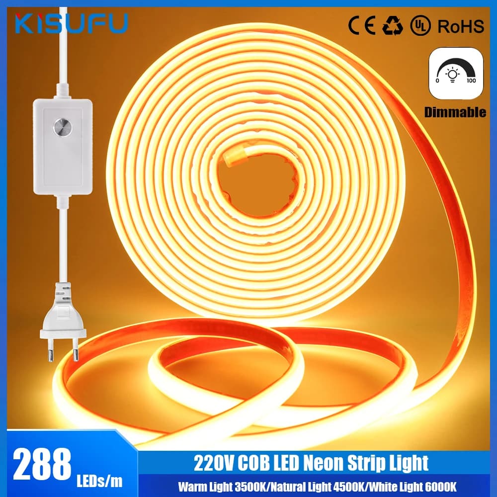 Striscia al neon LED COB dimmerabile 220V 288 LED / M IP67 con interruttore / dimmer Nastro adesivo flessibile con spina europea per illuminazione del giardino domestico