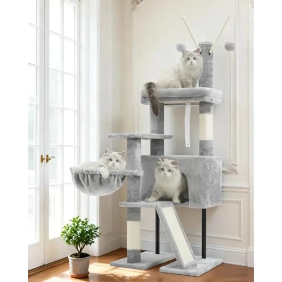 Tiragraffi per Gatti da Interno con Postazione di Gioco per Gatti Piccoli e Gattini, Cuccia per Gatti Grigio Chiaro con Piattaforma Superiore Rimovibile e Peluche