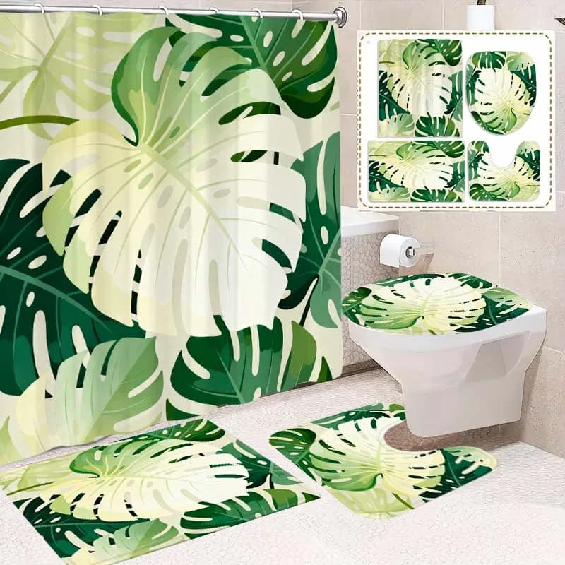 2D Flat, 4pcs Tropical 2D Bathroom Set, High-quality Bathroom Decorations and Accessories Including a Non-slip Bath Mat, U-shaped Floor Mat, Toilet Seat, and Shower Curtain with 12 Hooks.