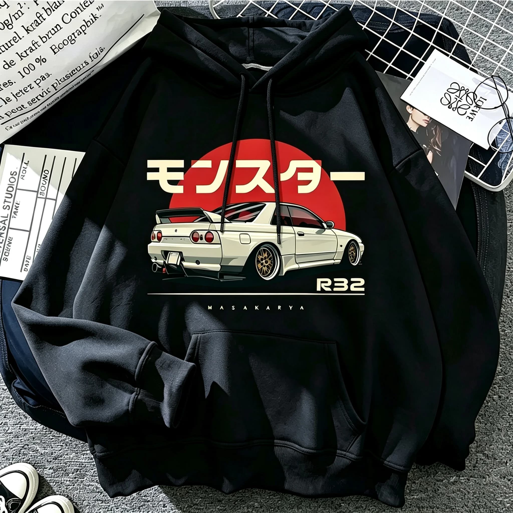 Retro car culture men's hooded sweatshirt with racing red sun theme print. Artistic design. Loose and comfortable casual hoodie.