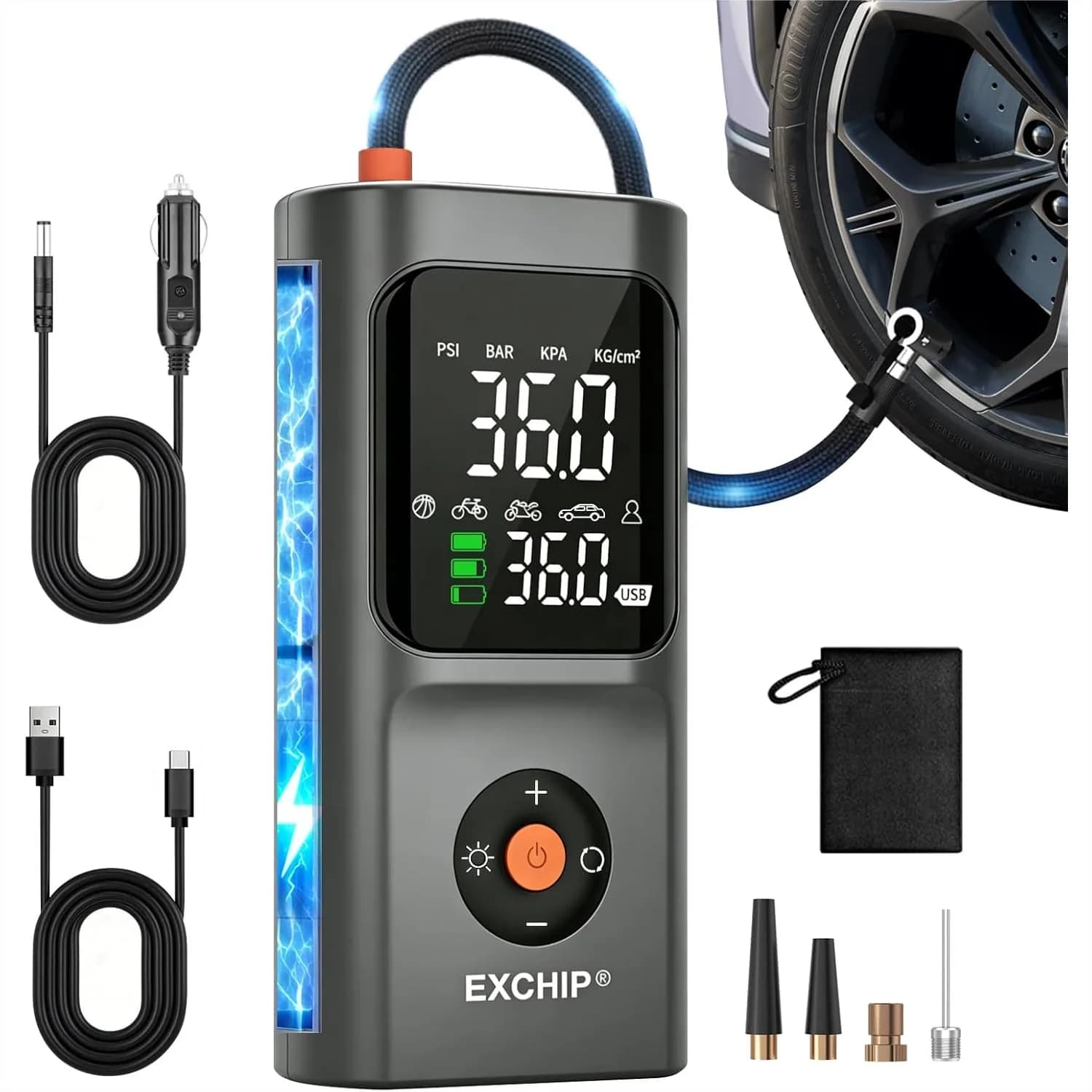Tire Inflator Portable Air Compressor 150PSI Dual Power Cordless Rechargeable & 12V DC Car Tire Pump With Digital Display Auto Shut Off LED Light For Car Motorcycle Bike