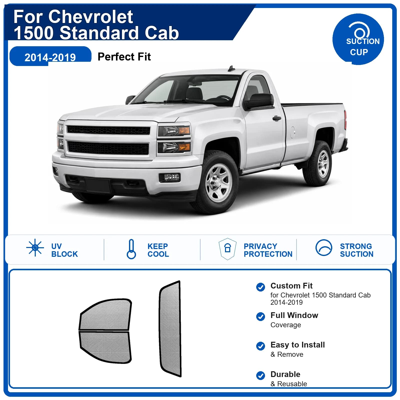 For Chevrolet 1500 Standard Cab 2014-2019 Custom Full Set Windshield Sun Shade Aluminum Foil Heat Insulation Anti UV Foldable