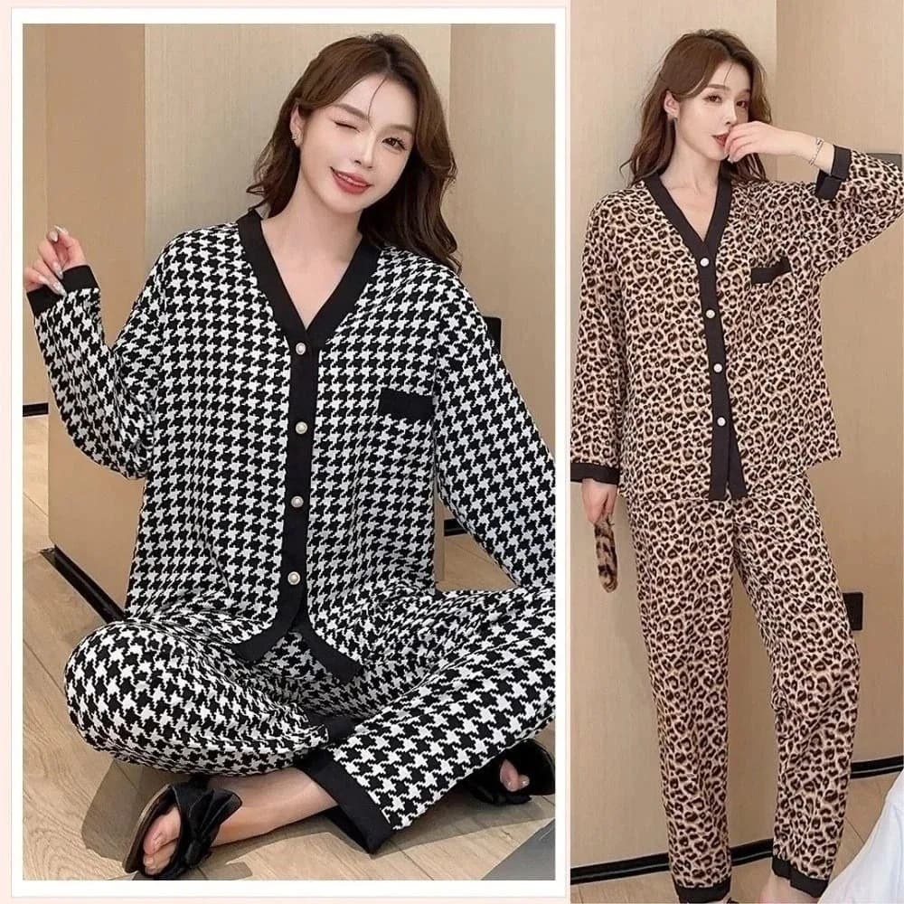 Pigiama a griglia con scollo a V stile coreano Donna Casual Homewear Leopard Sleepwear Set Primavera Autunno Pigiama a maniche lunghe allentato Donna