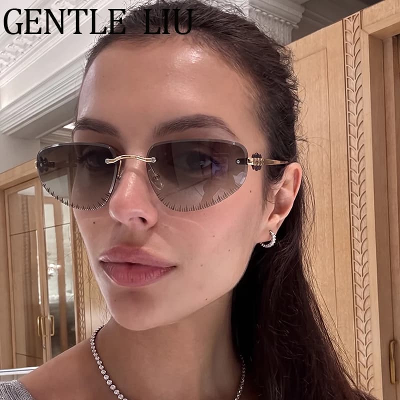 Vintage Small Rimless Polygon Sunglasses Women 2026 Luxury Brand Designer Y2K Punk Metal Frame Sun Glasses Ladies Driving Shades