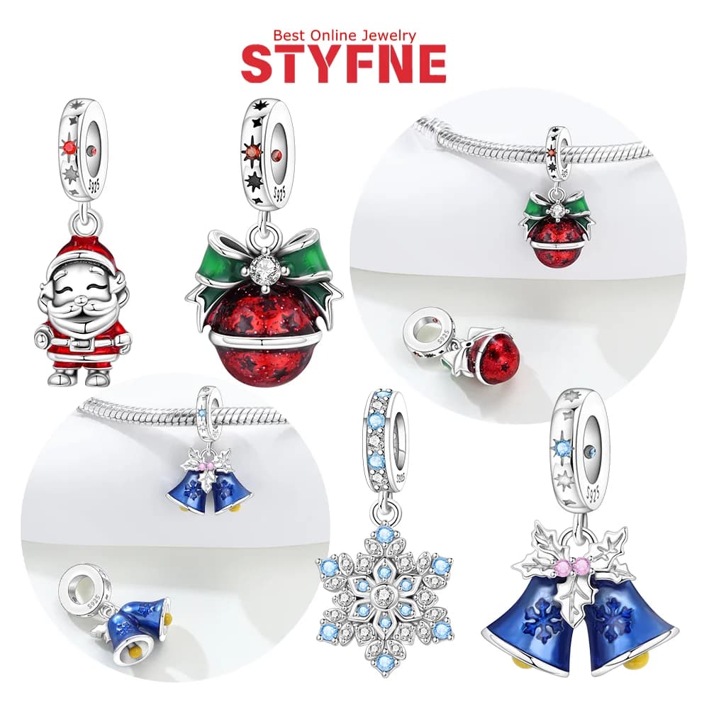 Ciondoli natalizi S925 Argento Babbo Natale Campana rossa Brillante zircone blu Fiocco di neve Perline adatte per regali di gioielli braccialetto originale fai da te